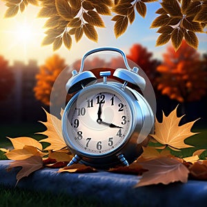 Fall Back Time - Daylight Savings End - Alarm clock in colorful autumn leaves against a dark background