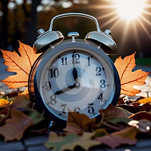 Fall Back Time - Daylight Savings End - Alarm clock in colorful autumn leaves against a dark background