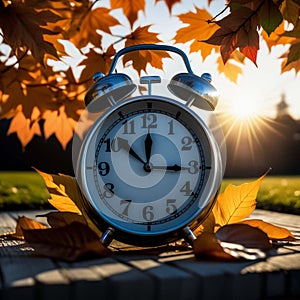 Fall Back Time - Daylight Savings End - Alarm clock in colorful autumn leaves against a dark background