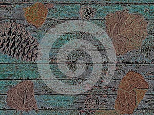 Fall background on blue grunge wood with copy space