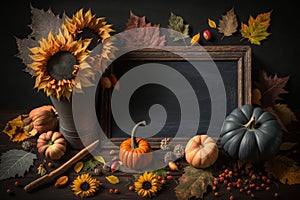 Fall background, empty chalkboard surrounded by pumpkins and sunflowers and fall leaves, generative AI