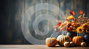 Fall background with orange pumpkins and fall leaves on a light surface