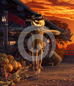 Fall in backyard with leaves falling from trees and Halloween pumpkin scarecrow, autumn background