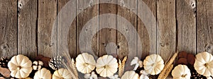 Fall border of white pumpkins with brown autumn decor over a rustic dark wood background