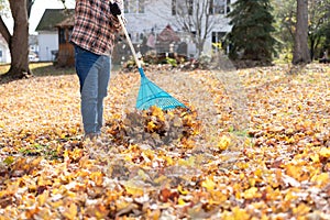 Fall clean up in the backyard - man raking leaves