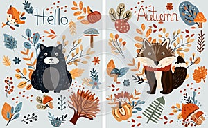Fall collection, charming forest creatures autumn elements, cute bear, raccoon, vibrant trees, fall leaves, colorful