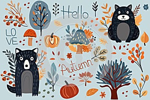 Fall collection, charming forest creatures autumn elements, cute bears, funny wolf, vibrant trees, fall leaves, colorful