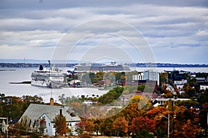 Fall color city line  with ocean liner in harbor