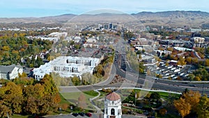 Fall color flyby of the Train depot in Boise Idaho in autumn