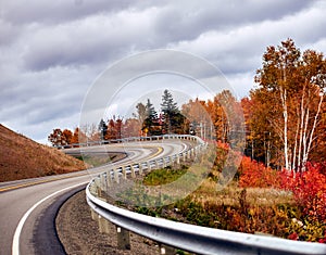 Fall color landscape with forest and curvy road