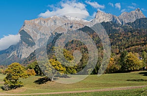 Fall color mountain landscape in the Maienfeld region of Switzerland with snowy peaks and colorful trees