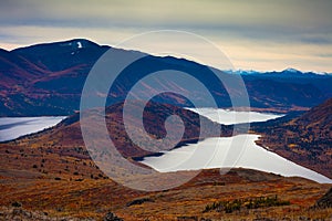 Fall-colored mountain lakes landscape