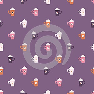 Fall Colorful Pumpkin Spice Latte Seamless Pattern on Purple Background