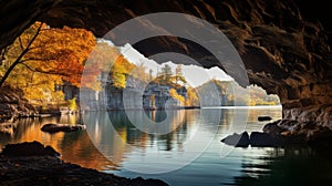 Fall Colors: Captivating Cave Water Under A Blue Sky