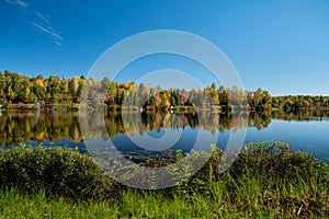 Fall colors reflecting on lake - Landscape scenery - Blue skies, water ripples and greenery