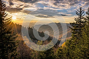 Fall colors, scenic sunrise, Great Smoky mountains