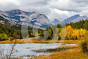 Fall colours at Middle Lake. Bow Valley Provincial Park Alberta Canada