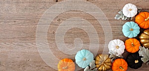 Fall corner border banner of colorful pumpkins and silver leaves against a wood background