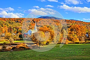 Fall countryside and the town of Stowe, Vermont, USA