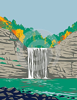 Fall Creek Falls State Resort Park on Upper Cane Creek Gorge in Van Buren and Bledsoe Tennessee USA WPA Poster Art