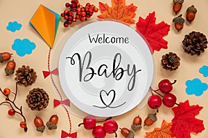 Fall Decoration, Autumn Leaves and Kite, With Text Welcome Baby