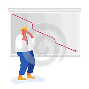 Fall and Depreciation Concept. Depressed Business Man Looking at Falling Down Red Arrow. Investor Lose Money