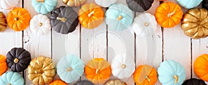 Fall double border banner of colorful pumpkins over a white wood background