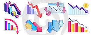 Fall down chart. Finance crisis, business problem and economy drop. Down arrow graph, loss and decrease income. Profit