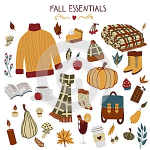 Fall essentials hand drawn autumn objects with sweater, scarf, blanket, leaf, backpack, coffee, glint wine, pumpkins, pumpkin pie.