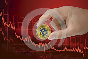 Fall in exchange bitcoin. Decrease of value cryptocurrency. Falling downtrend price graph background