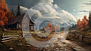 Fall Farm Road: A Spatial Concept Art With Wooden Cabin