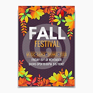 Fall Festival flyer or poster template. Bright autumn leaves on dark background