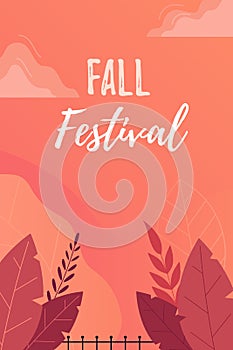 Fall Festival Poster, Invitation or Flyer. Bright autumn leaves on orange background with flat leaves.