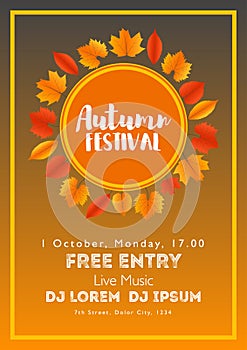 Fall Festival template. Bright colourful autumn leaves on vertical background. Template for holidays, concerts and parties. Autumn