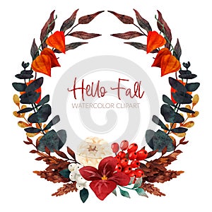 Fall floral wreath, autumn flowers and leaves