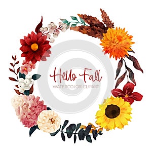 Fall floral wreath, autumn flowers and leaves