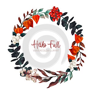 Fall floral wreath, autumn flowers and leaves