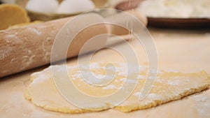 A fall of flour on the dough against the background of rolling pin, eggs, a piece of dough. Sprinkle. Close-up. Slow motion Food