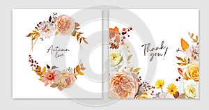 Fall flowers bouquet cards set. Watercolor vector floral illustration. Wedding invite, Thanksgiving, thank you template design.