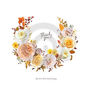 Fall flowers wreath bouquet. Watercolor vector floral illustration. Wedding invite, Thanksgiving thank you card template design.