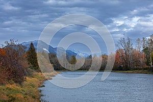 Fall foliage in British Columbia mountains. Canadian woods in fall autumn season in Agassiz by Fraiser River photo