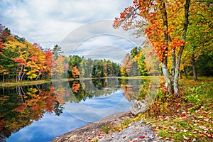 Fall foliage colors reflected in still lake water in New England