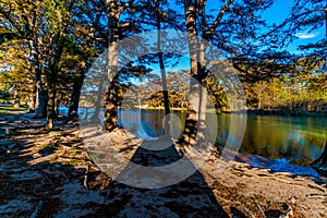 Fall foliage on the crystal clear Frio River in Texas.