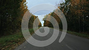 Fall foliage flies out from under wheels, empty road along autumn trees. View through rear windscreen windshield of car