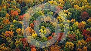 Fall foliage in forest trees changing colors from aerial view
