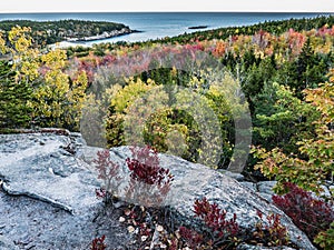 Fall Foliage and Granite Overhang with View of Great Head,, Mount Desert Island photo