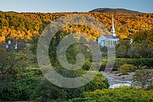 Fall Foliage landscape and Church in Stowe, Vermont