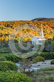 Fall Foliage landscape and Church in Stowe, Vermont