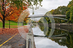 Fall foliage in Ottawa, Ontario, Canada. Rideau Canal Pathway autumn leaves scenery.