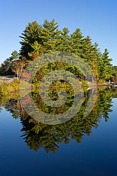 Fall foliage reflected on lake in Maine